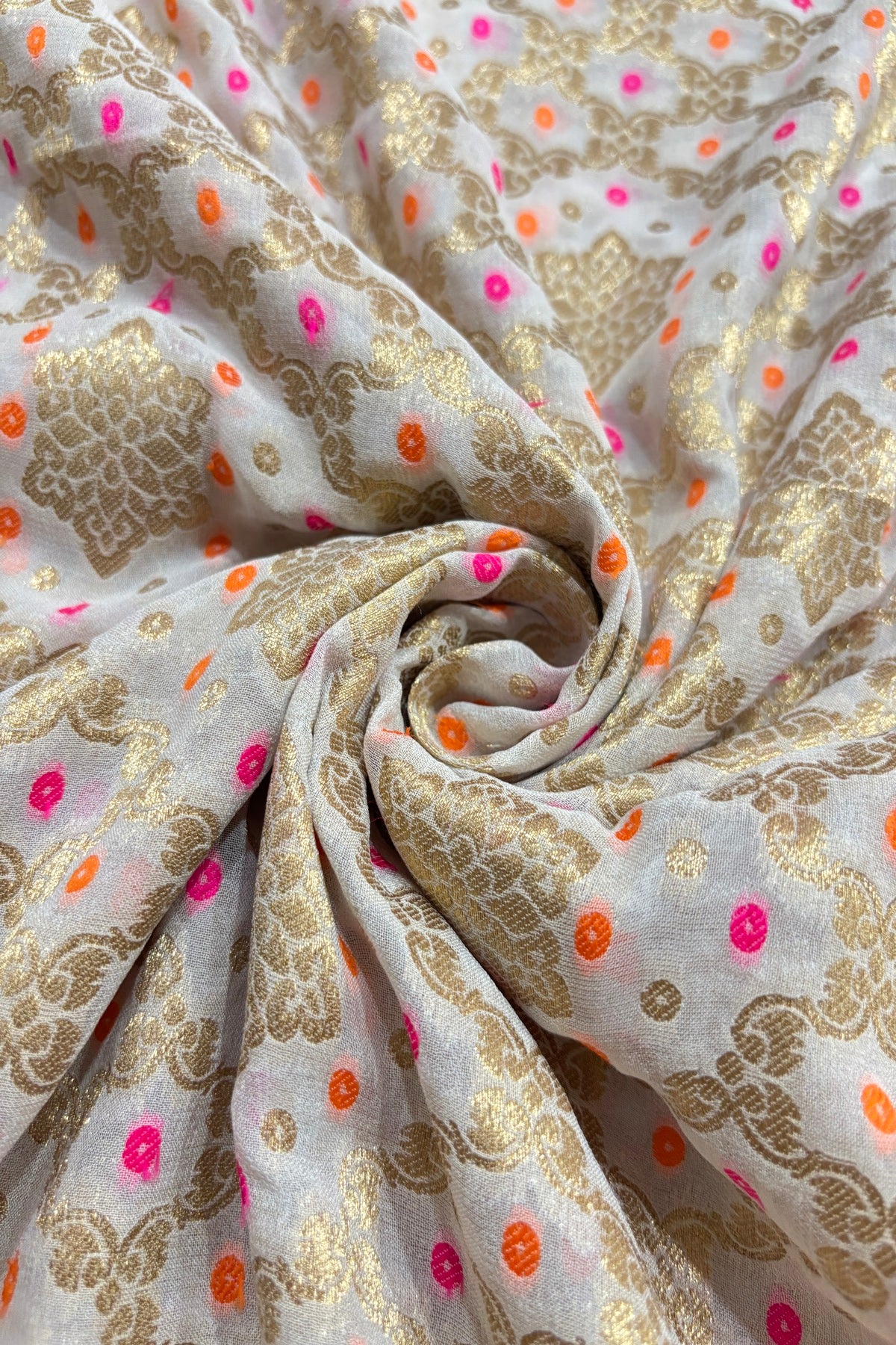 Banaras Bhandani Meenakari With Geometric Shaped Zari Woven White Dyeable Dola Silk Fabric