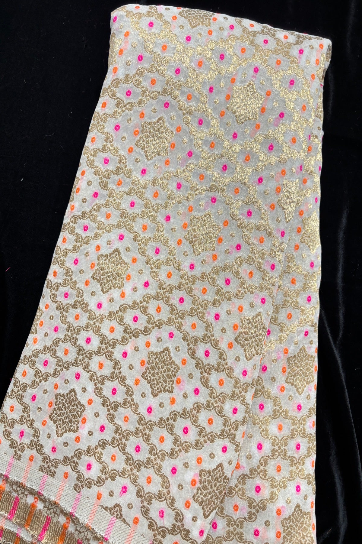 Banaras Bhandani Meenakari With Geometric Shaped Zari Woven White Dyeable Dola Silk Fabric