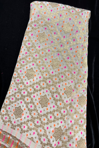 Banaras Bhandani Meenakari With Geometric Shaped Zari Woven White Dyeable Dola Silk Fabric