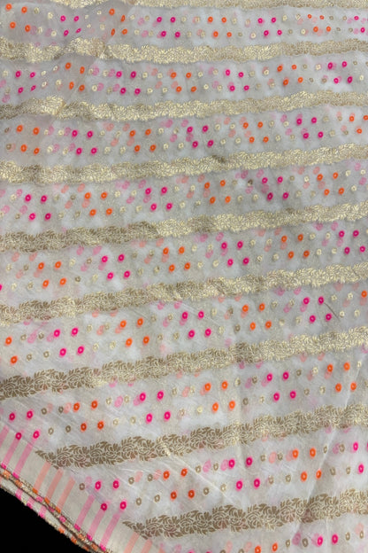 Banaras Bhandani Meenakari With Cross Zari Woven White Dyeable Dola Silk Fabric