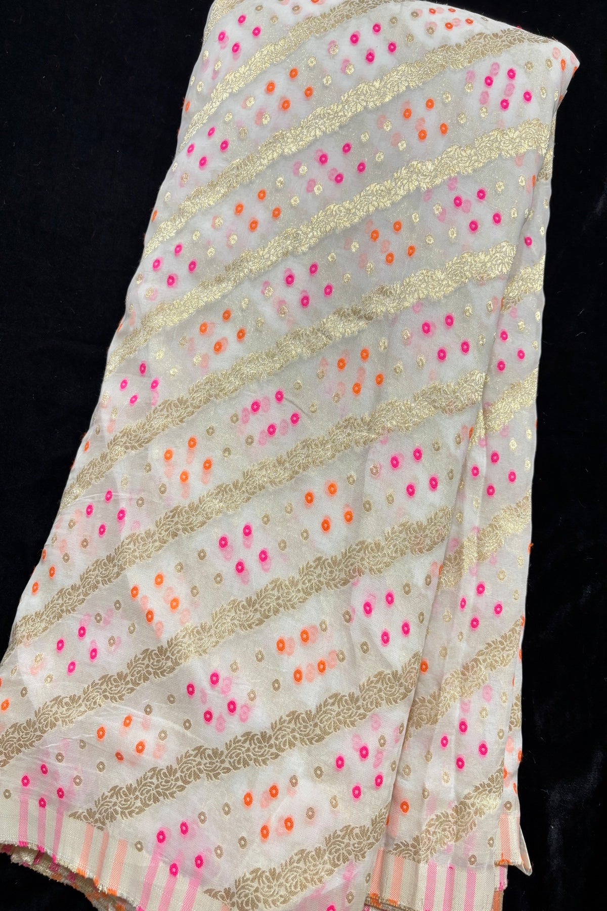 Banaras Bhandani Meenakari With Cross Zari Woven White Dyeable Dola Silk Fabric