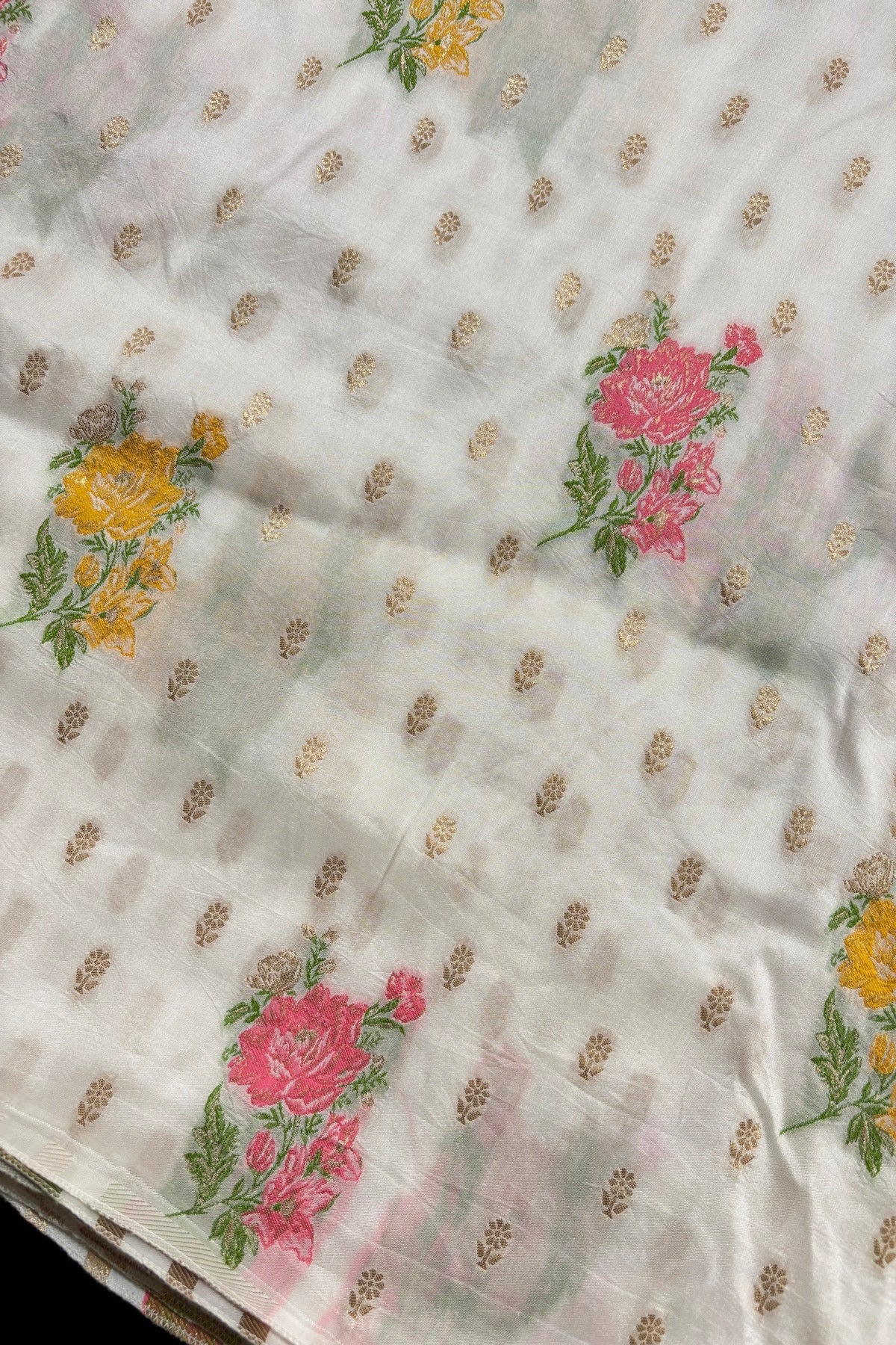Peach & Yellow Floral Bunches With Zari Woven White Dyeable Dola Silk Fabric