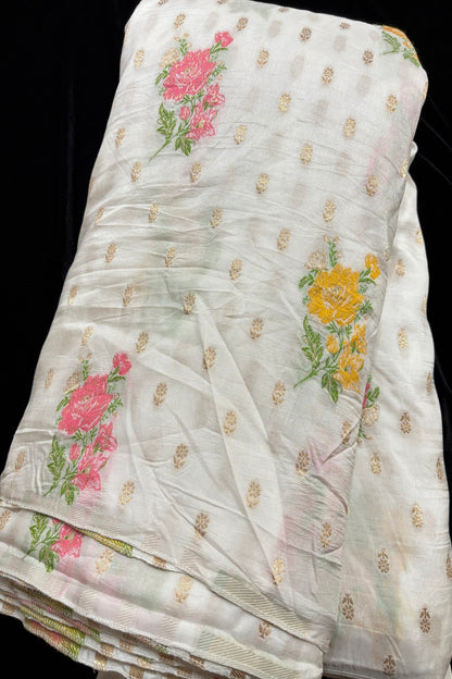 Peach & Yellow Floral Bunches With Zari Woven White Dyeable Dola Silk Fabric