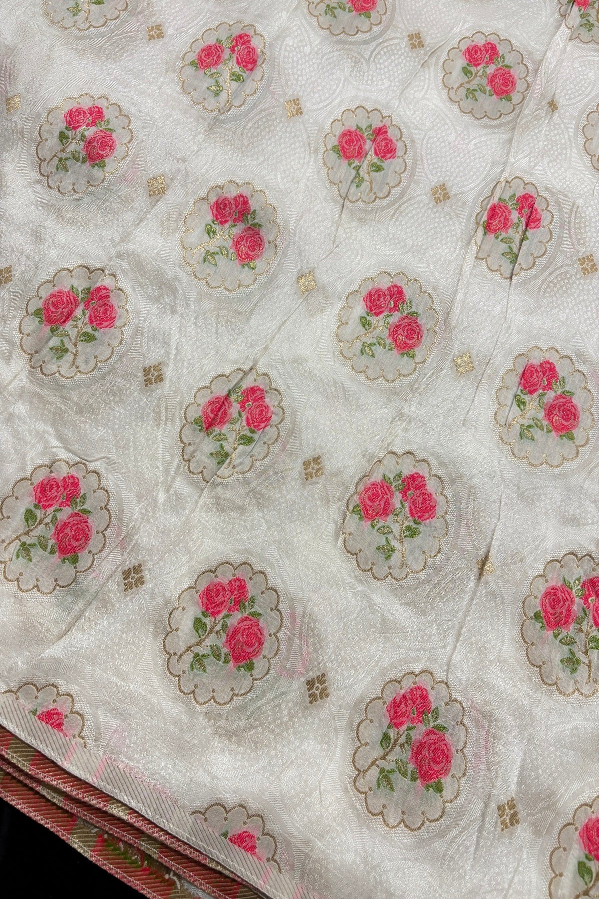Three Pink Roses & Zari Jacquard Woven White Dyeable Dola Silk Fabric
