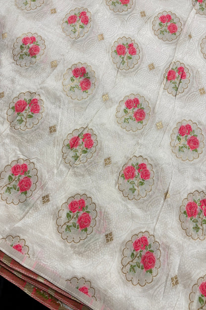 Three Pink Roses & Zari Jacquard Woven White Dyeable Dola Silk Fabric
