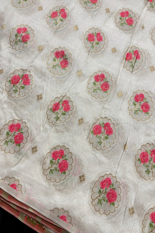 Three Pink Roses & Zari Jacquard Woven White Dyeable Dola Silk Fabric