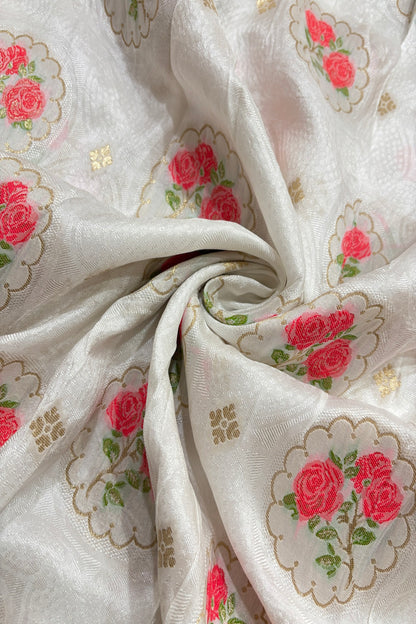 Three Pink Roses & Zari Jacquard Woven White Dyeable Dola Silk Fabric