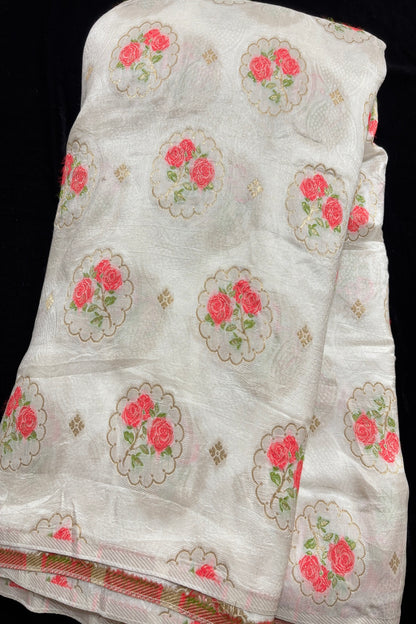 Three Pink Roses & Zari Jacquard Woven White Dyeable Dola Silk Fabric