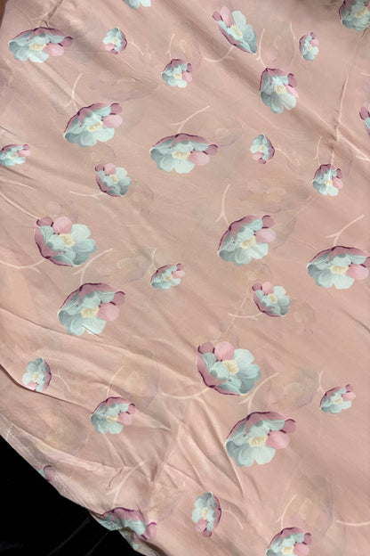 Pink & Powder Blue Poppy Floral Printed Crepe Fabric