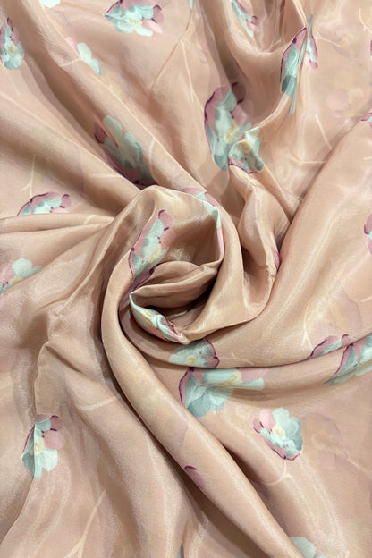 Pink & Powder Blue Poppy Floral Printed Crepe Fabric