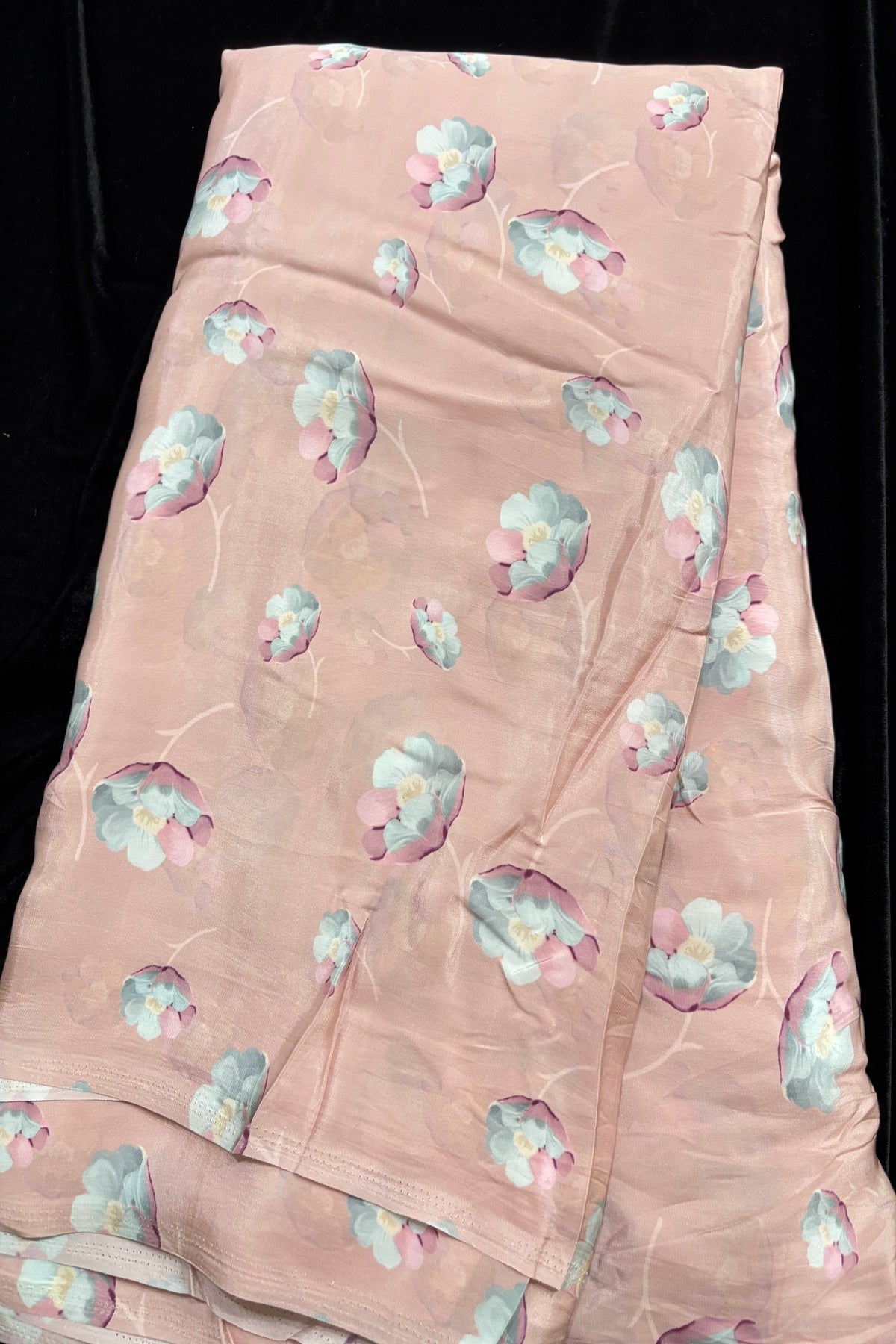 Pink & Powder Blue Poppy Floral Printed Crepe Fabric
