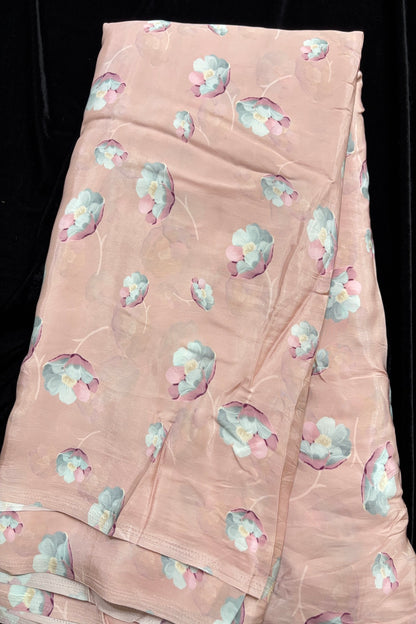 Pink & Powder Blue Poppy Floral Printed Crepe Fabric
