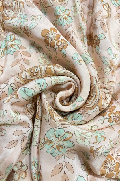 Light Brown & Sea Green Floral Printed Crepe Fabric