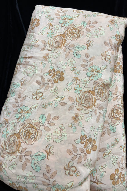 Light Brown & Sea Green Floral Printed Crepe Fabric