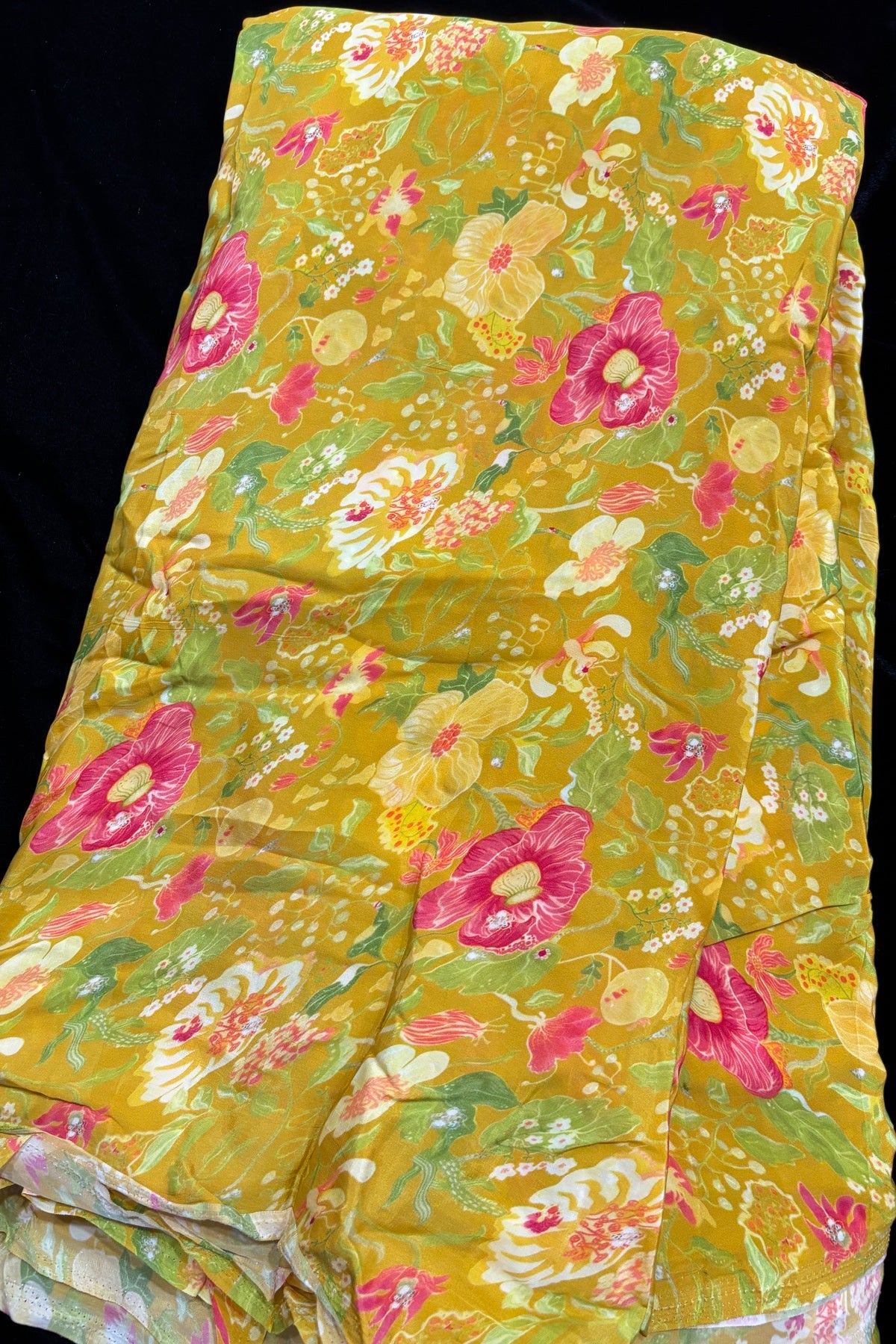 Pink & Yellow Wild Floral Theme Printed Crepe Fabric
