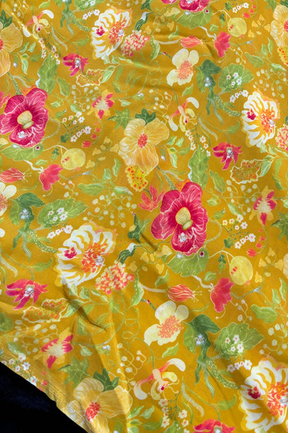 Pink & Yellow Wild Floral Theme Printed Crepe Fabric