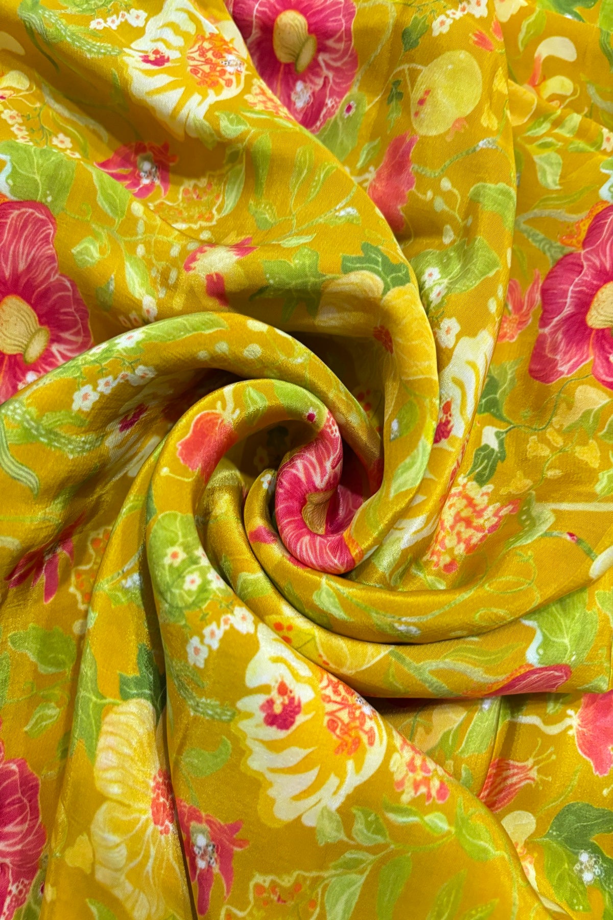 Pink & Yellow Wild Floral Theme Printed Crepe Fabric
