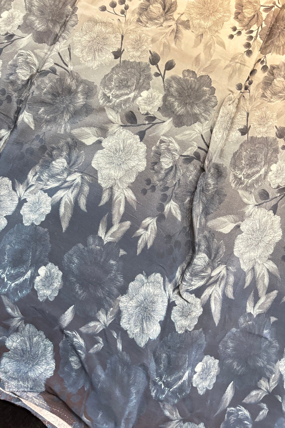 Greys & Navy Blue Wild Floral Printed Crepe Fabric