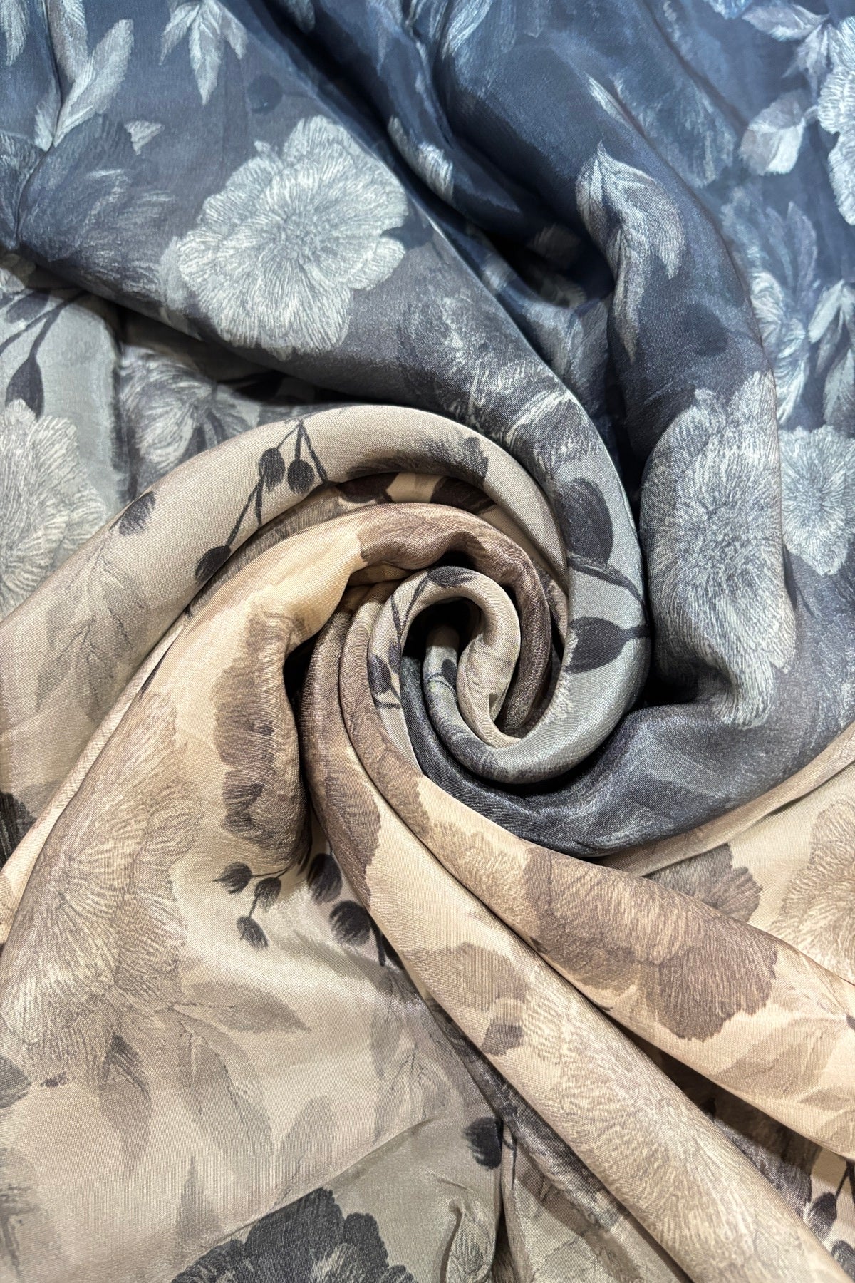 Greys & Navy Blue Wild Floral Printed Crepe Fabric