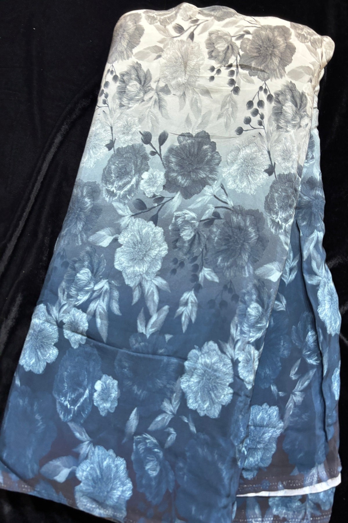 Greys & Navy Blue Wild Floral Printed Crepe Fabric