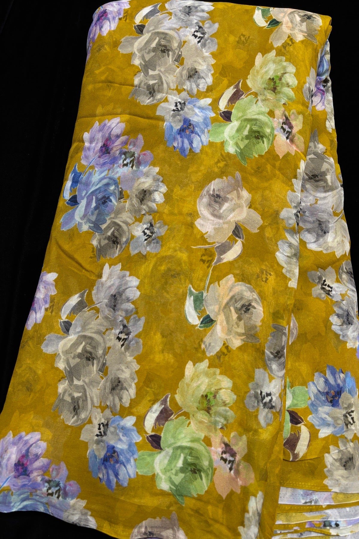 Grey,Blue & Green Floral Printed Pure Viscose Georgette Fabric