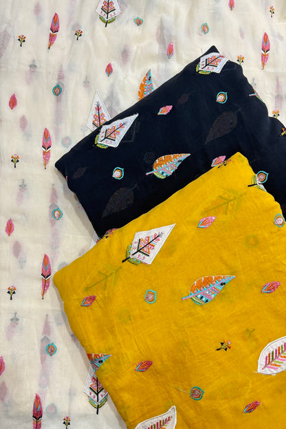 Multithreaded Pines Embroidered Silk Mul Chanderi Fabric