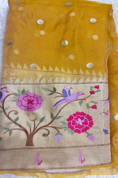 Pure Banaras Tissue Organza Polka Dots & Paithani Embroidered Lehenga Fabric