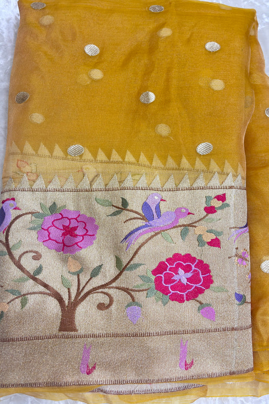 Pure Banaras Tissue Organza Polka Dots & Paithani Embroidered Lehenga Fabric