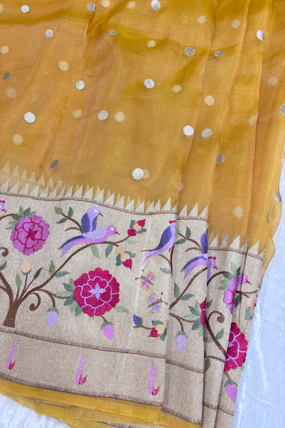 Pure Banaras Tissue Organza Polka Dots & Paithani Embroidered Lehenga Fabric