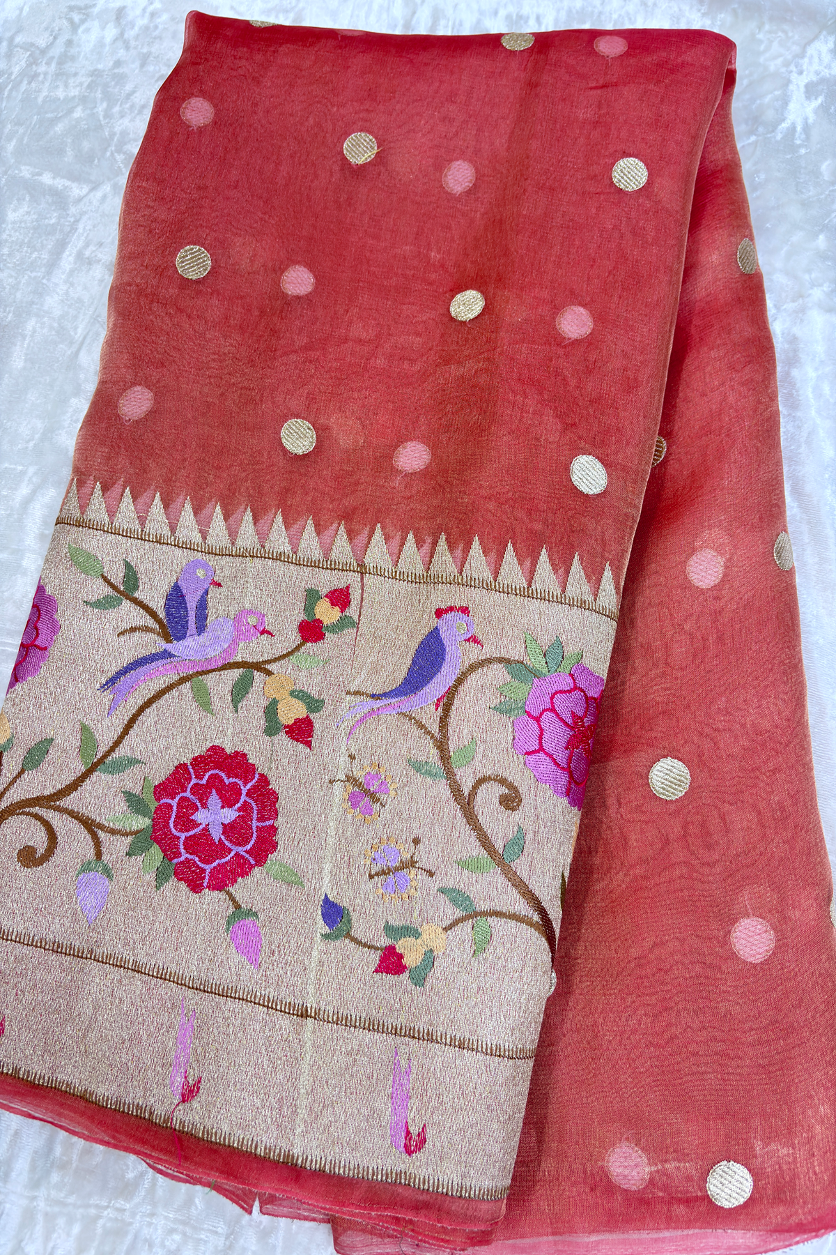Pure Banaras Tissue Organza Polka Dots & Paithani Embroidered Lehenga Fabric