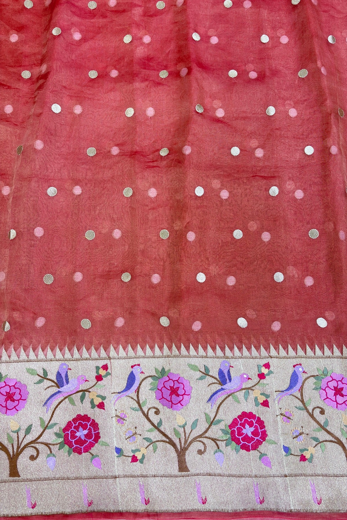 Pure Banaras Tissue Organza Polka Dots & Paithani Embroidered Lehenga Fabric