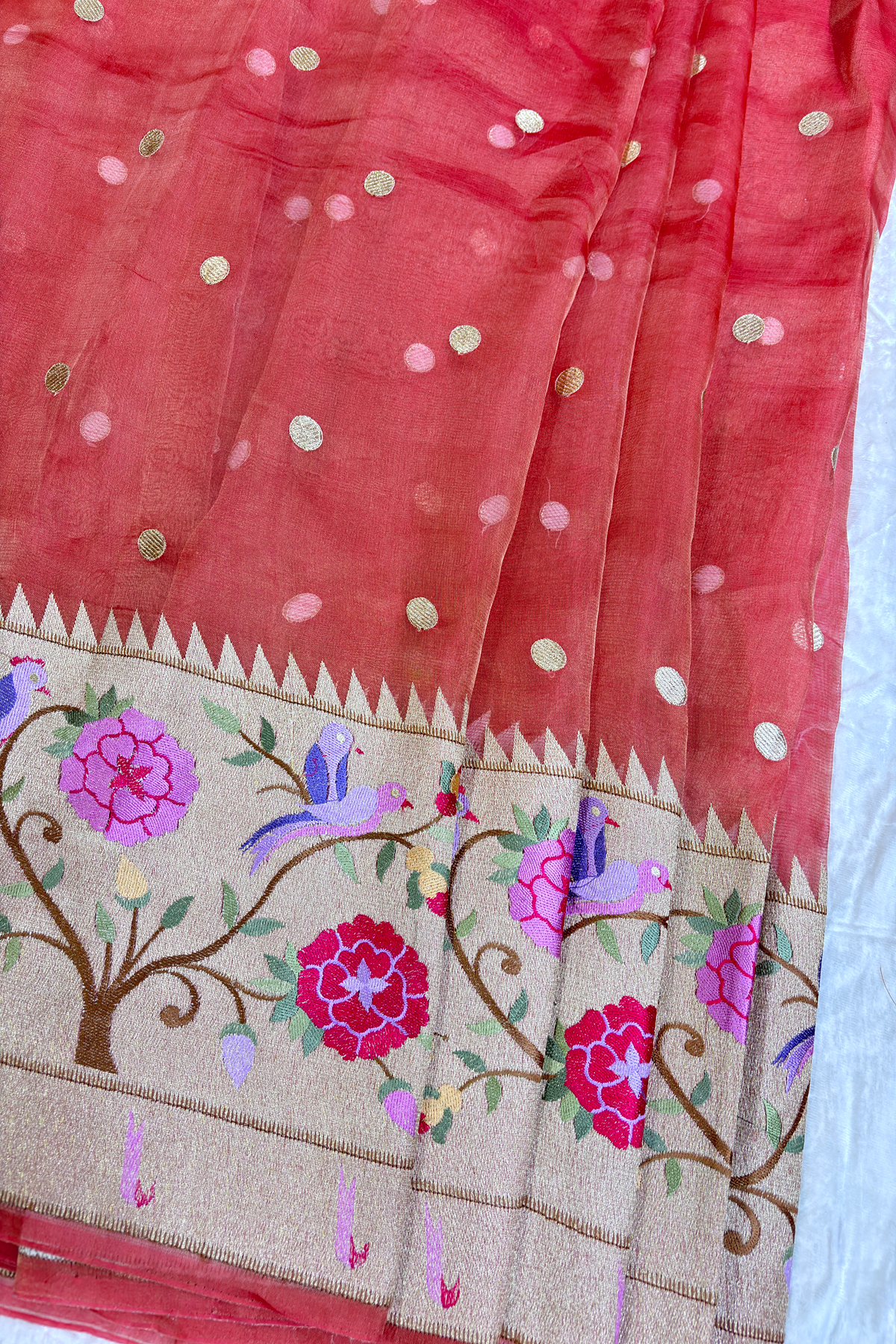 Pure Banaras Tissue Organza Polka Dots & Paithani Embroidered Lehenga Fabric