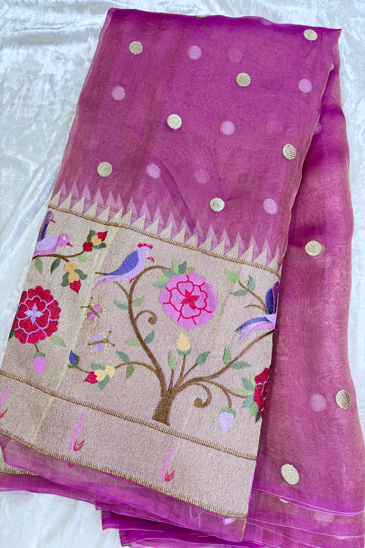 Pure Banaras Tissue Organza Polka Dots & Paithani Embroidered Lehenga Fabric