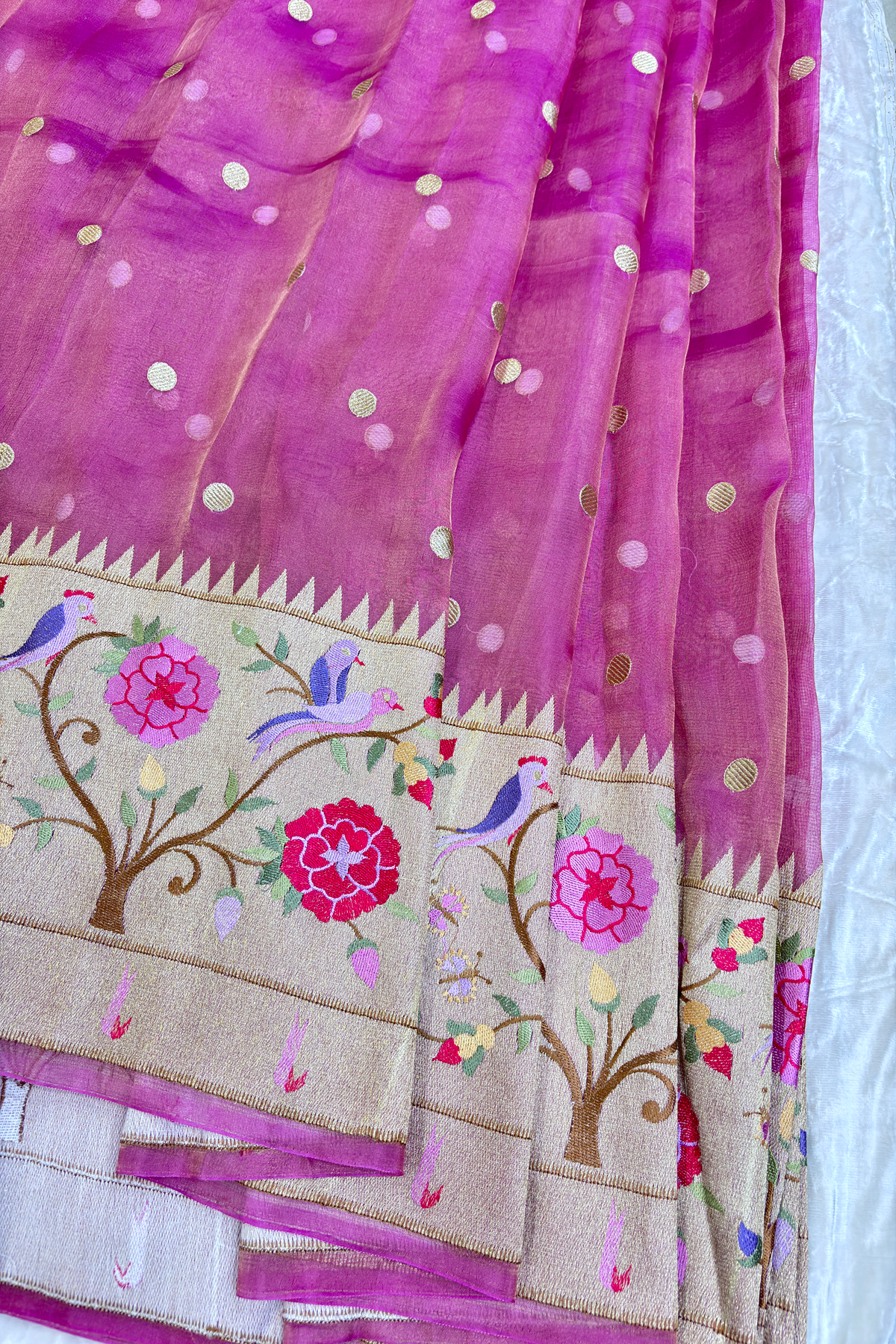 Pure Banaras Tissue Organza Polka Dots & Paithani Embroidered Lehenga Fabric