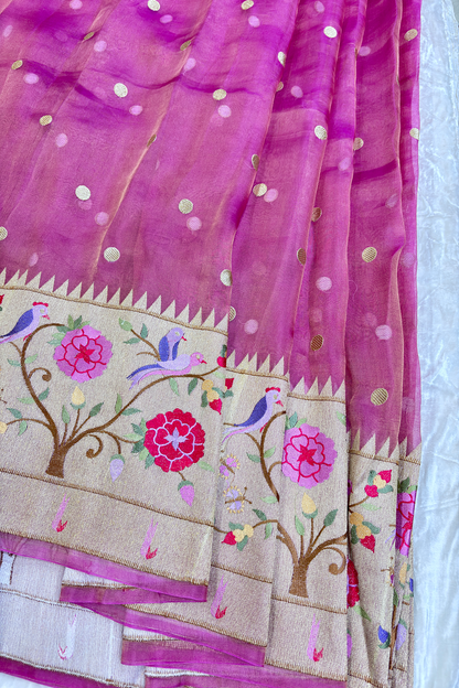 Pure Banaras Tissue Organza Polka Dots & Paithani Embroidered Lehenga Fabric