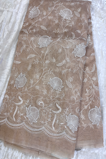 Light Gold Organza Tissue AllOver Floral Applique Embroidered With Scallop Border