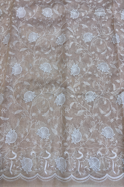 Light Gold Organza Tissue AllOver Floral Applique Embroidered With Scallop Border