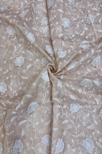 Light Gold Organza Tissue AllOver Floral Applique Embroidered With Scallop Border