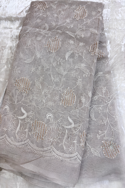Pure Silver Organza Tissue All Over Floral Applique Embroidered With Scallop Border