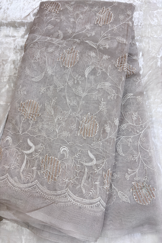 Pure Silver Organza Tissue All Over Floral Applique Embroidered With Scallop Border