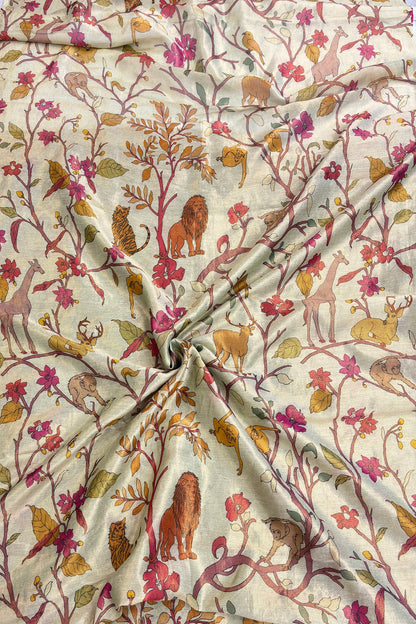 Pista Green Pure Banaras Chanderi Tissue Jungle Theme Printed Fabric