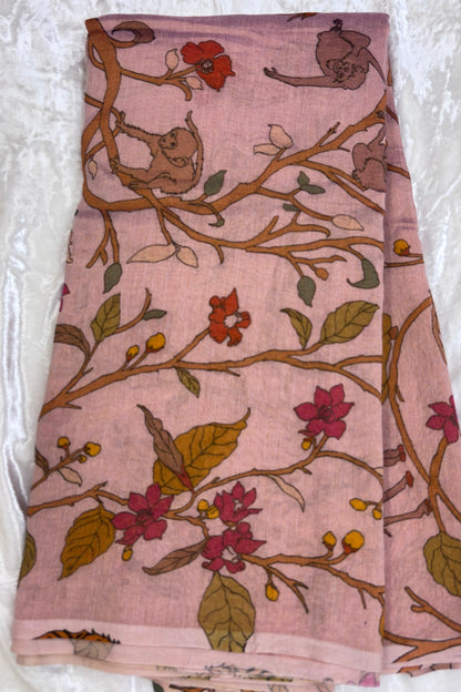 Dusty Peach Pink Pure Banaras Chanderi Tissue Jungle Theme Printed Fabric