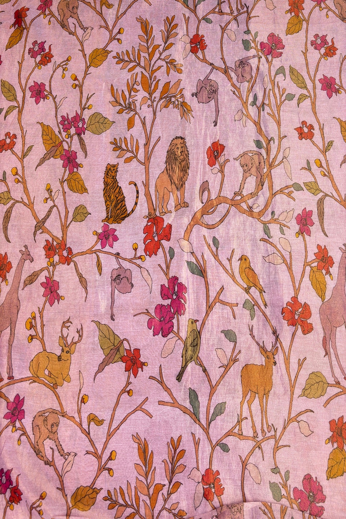 Dusty Peach Pink Pure Banaras Chanderi Tissue Jungle Theme Printed Fabric