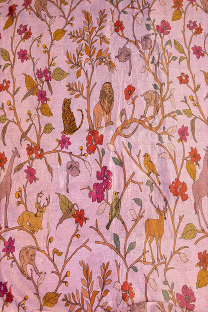 Dusty Peach Pink Pure Banaras Chanderi Tissue Jungle Theme Printed Fabric