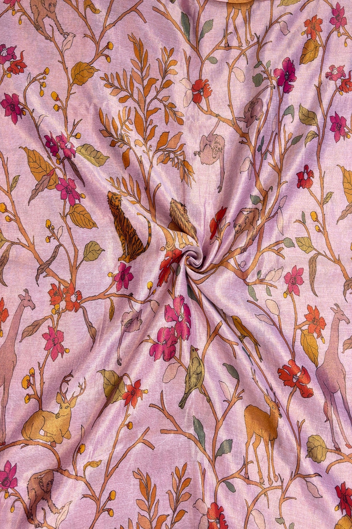 Dusty Peach Pink Pure Banaras Chanderi Tissue Jungle Theme Printed Fabric
