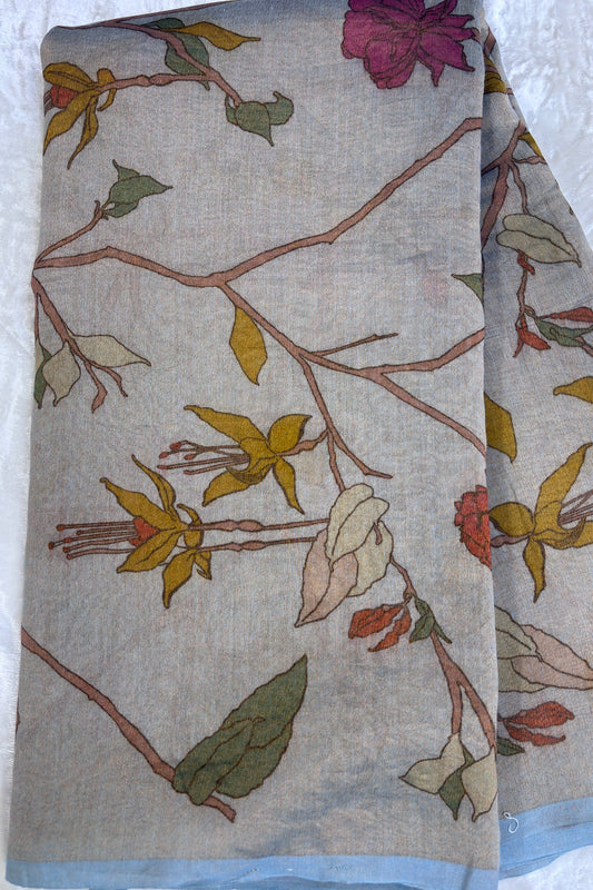 Ice Berg Blue Pure Banaras Chanderi Tissue Floral Theme Printed Fabric