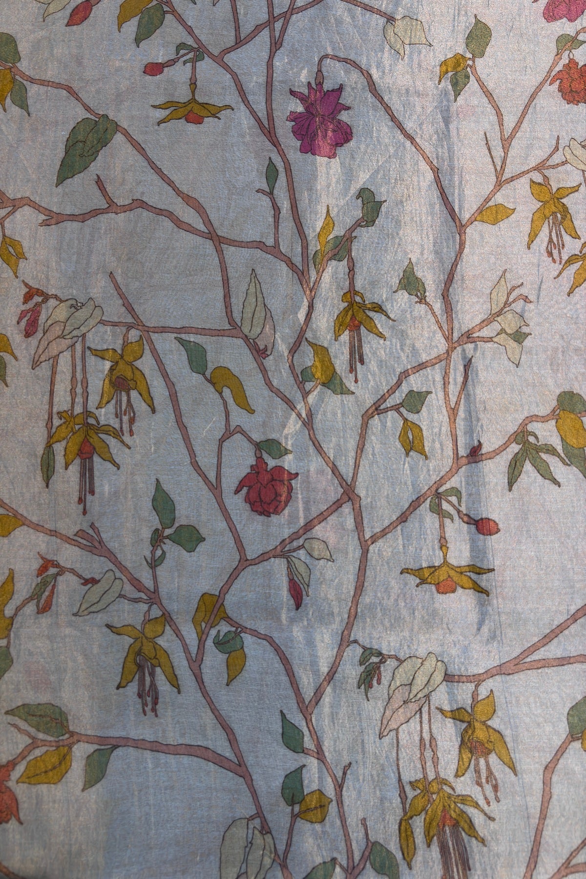 Ice Berg Blue Pure Banaras Chanderi Tissue Floral Theme Printed Fabric