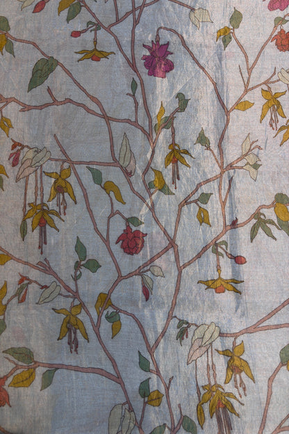 Ice Berg Blue Pure Banaras Chanderi Tissue Floral Theme Printed Fabric