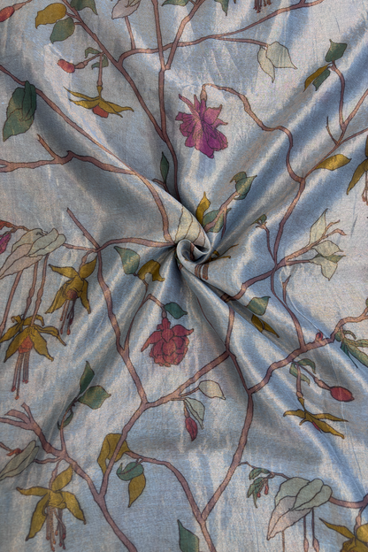 Ice Berg Blue Pure Banaras Chanderi Tissue Floral Theme Printed Fabric