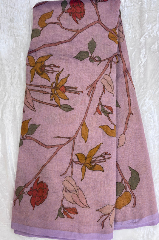 Dusty Lavender Pure Banaras Chanderi Tissue Floral Theme Printed Fabric